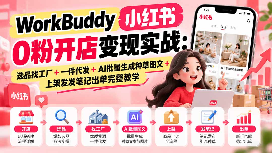WorkBuddy小红书0粉开店变现实战：选品找工厂+一件代发+AI批量生成种草图文+上架发发笔记出单完整教学-智点网