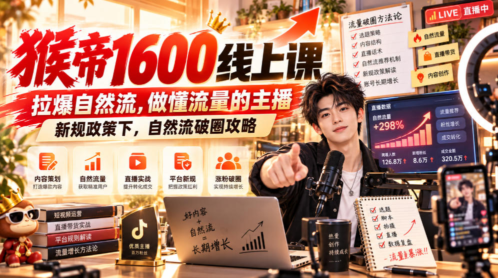 猴帝1600线上课，拉爆自然流，做懂流量的主播，新规政策下，自然流破圈攻略【更新261002】-智点网