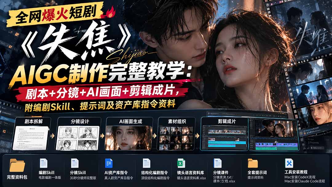 全网爆火短剧《失焦》AIGC制作完整教学:剧本+分镜+AI画面+剪辑成片,附编剧Skill、提示词及资产库指令资料-智点网