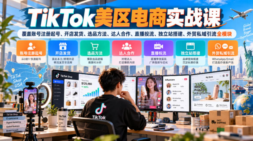 TikTok美区电商实战课,覆盖账号注册起号、开店发货、选品方法、达人合作、直播投流、独立站搭建、外贸私域引流全模块-智点网