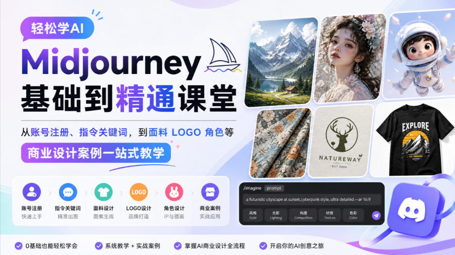 轻松学AI Midjourney基础到精通课堂，从账号注册、指令关键词，到面料LOGO角色等商业设计案例一站式教学-智点网