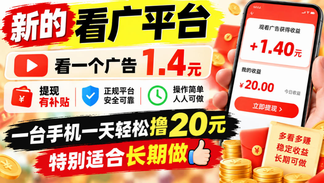 一个新的看广平台，看一个广告1.4元，提现有补贴,一台手机一天轻松撸20+，特别适合长期做【揭秘】-智点网