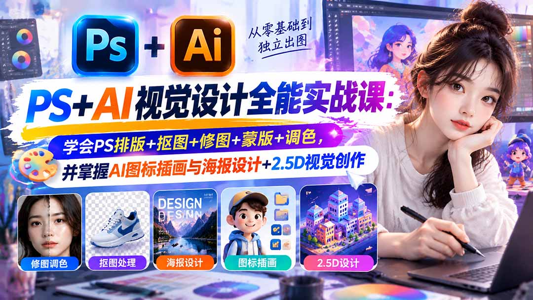 【无水印】PS+AI视觉设计全能实战课：学会PS排版+抠图+修图+蒙版+调色，并掌握AI图标插画与海报设计+2.5D视觉创作-智点网