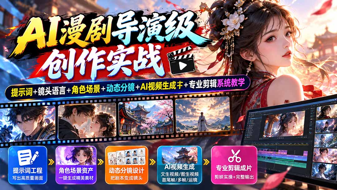AI漫剧导演级创作实战：提示词+镜头语言+角色场景+动态分镜+AI视频生成+专业剪辑系统教学-智点网