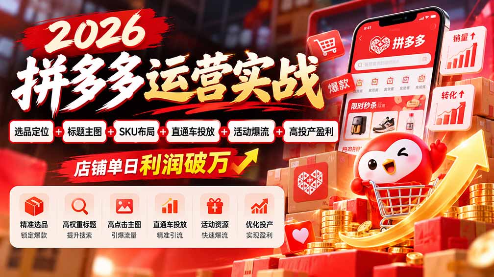 2026拼多多运营实战-更新1002:选品定位+标题主图+SKU布局+直通车投放+活动爆流+高投产盈利 店铺单日利润破万-智点网